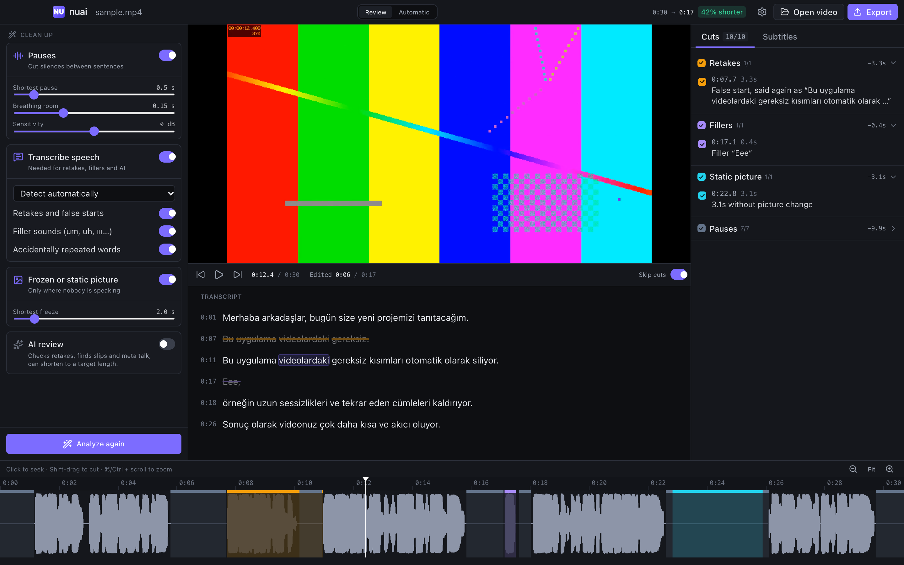NU AI inceleme ekranı: transkript, kesim önerileri ve video zaman çizelgesi. Görüntüde test videosu kullanılıyor.